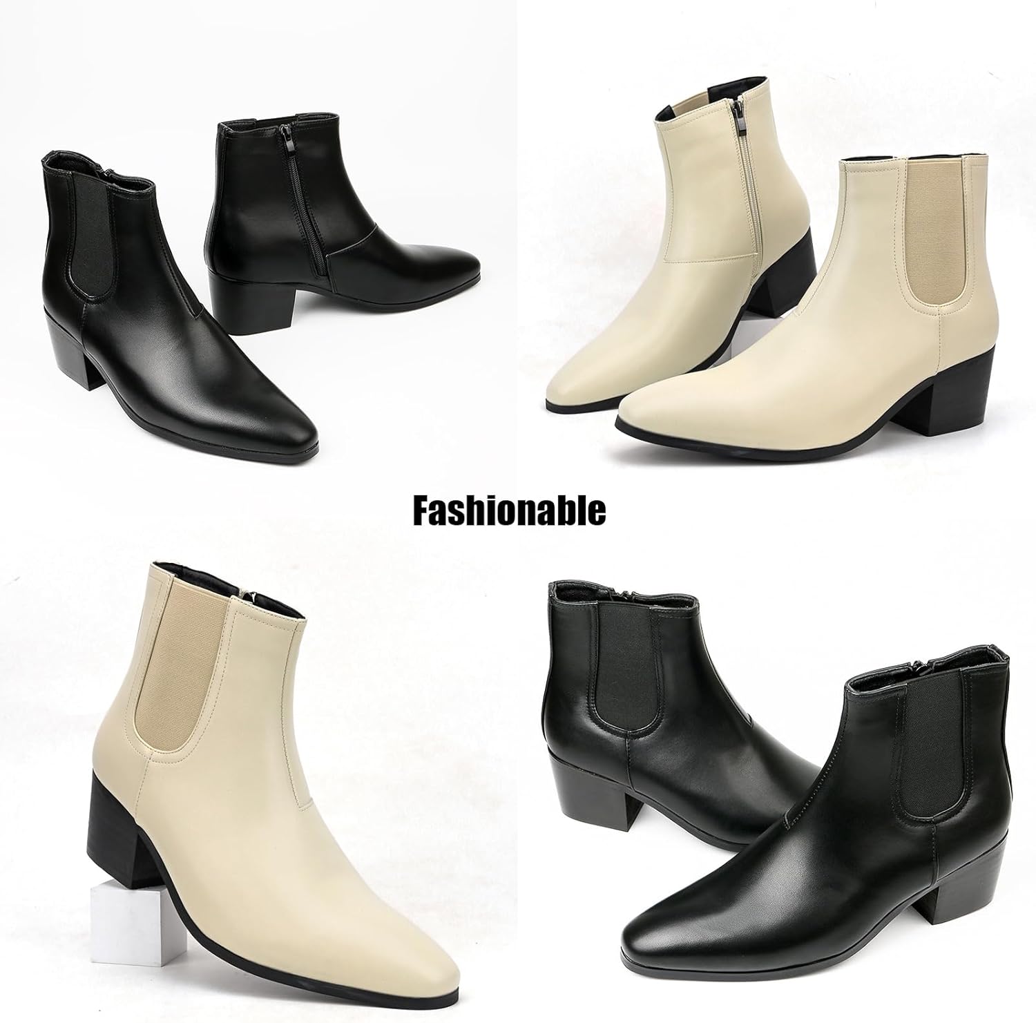 Classic High Heel Heighten Side Zipper Chelsea Boots For Men Leather Fashion Pointed Toe Chunky Block Heel Elastic Mid-Calf Slip On Dress Ankle Booties For Business Party Wedding - Image 5