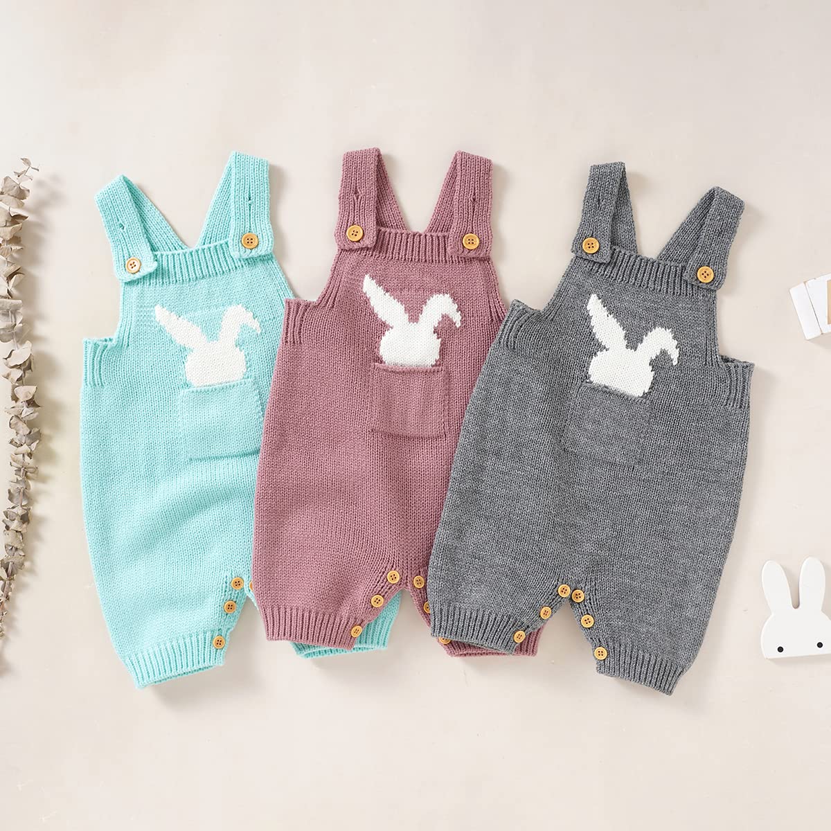 Douhoow Newborn Baby Boy Girl Easter Outfit Knitted Bunny Romper Overalls with Front Pocket (Grey, 12-18 Months)
