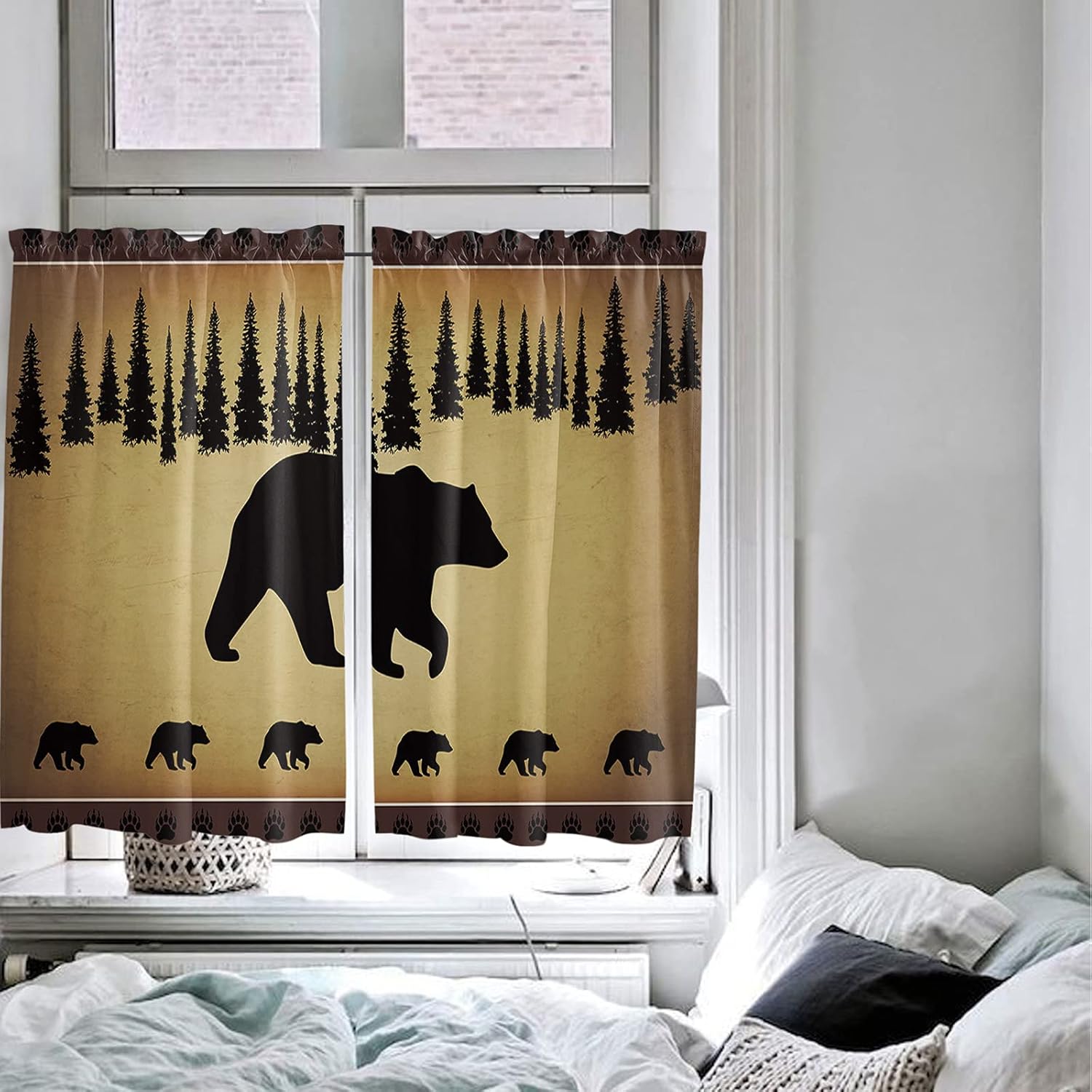 Kitchen Curtain 2 Panels Curtains 45 Inch Length, Polar Bears Pine Tree, Curtains Rod Pocket Curtains Window Drapes Treatment Window Cafe Curtains Rural Farm Farmhouse