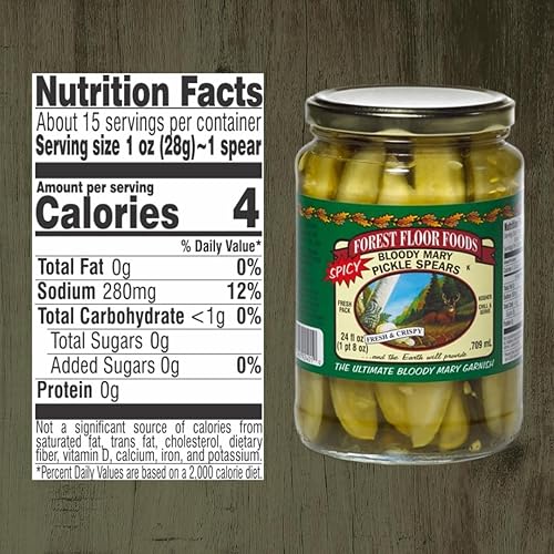 Forest Floor Foods Bloody Mary Pickle Spears, lanzas en escabeche con sabor a jalapeño y ajo, guarnición Bloody Mary, aperitivo saborizado, 24 onzas