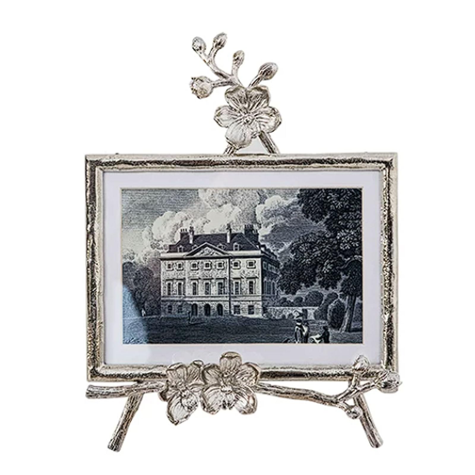 Photo Frame Vintage Photo Frame Tabletop 6-Inch Creative Photo Picture Living Room Ornament, Silver with 3D Flowers Leaves photograph