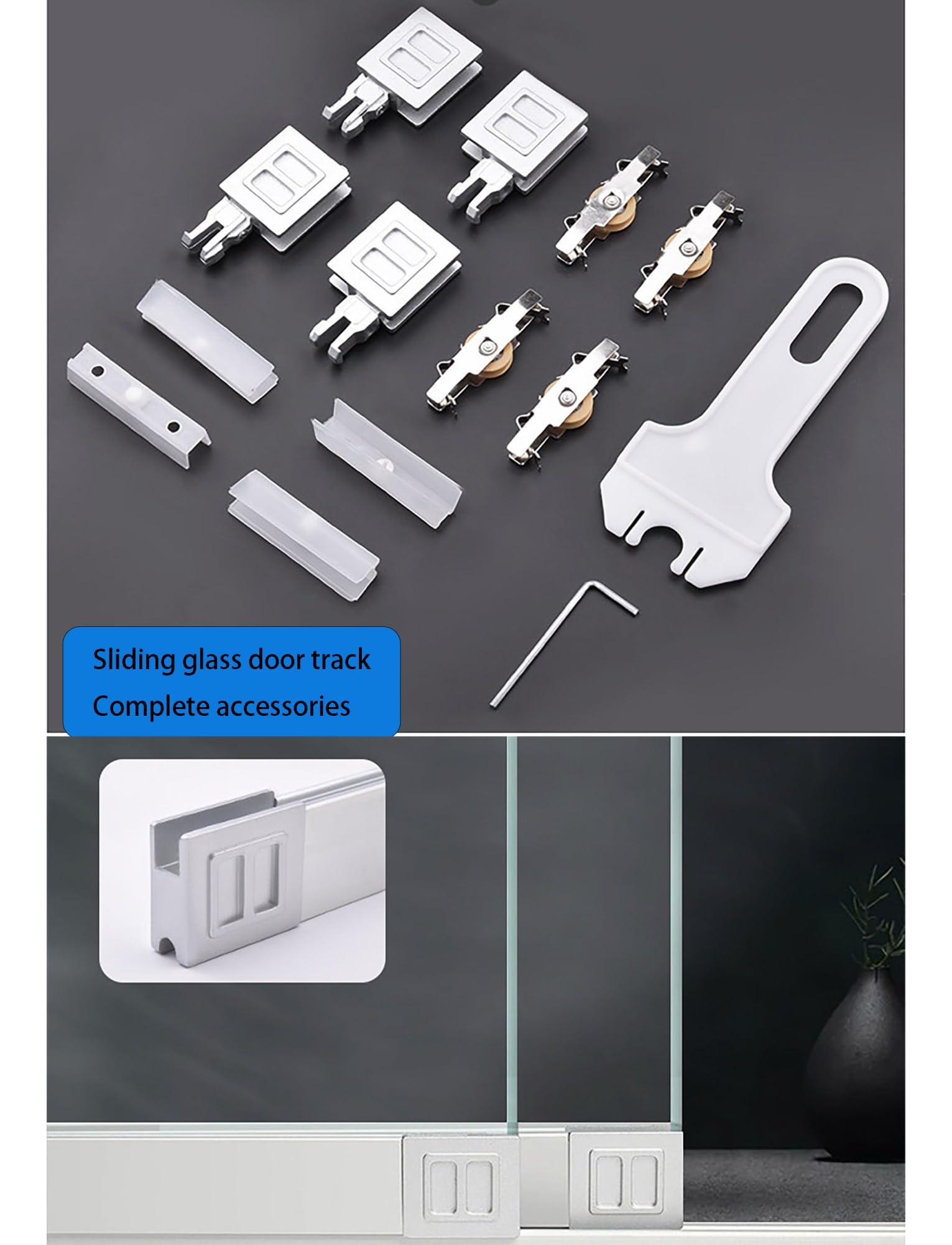 Kit de Puerta Corredera de Cristal 8 mm – Doble Riel de Aluminio con Rodillos, Herrajes Sin Taladro para Vitrinas, Armarios y 2 Paneles de Cristal(Silver,130cm/4.3ft)