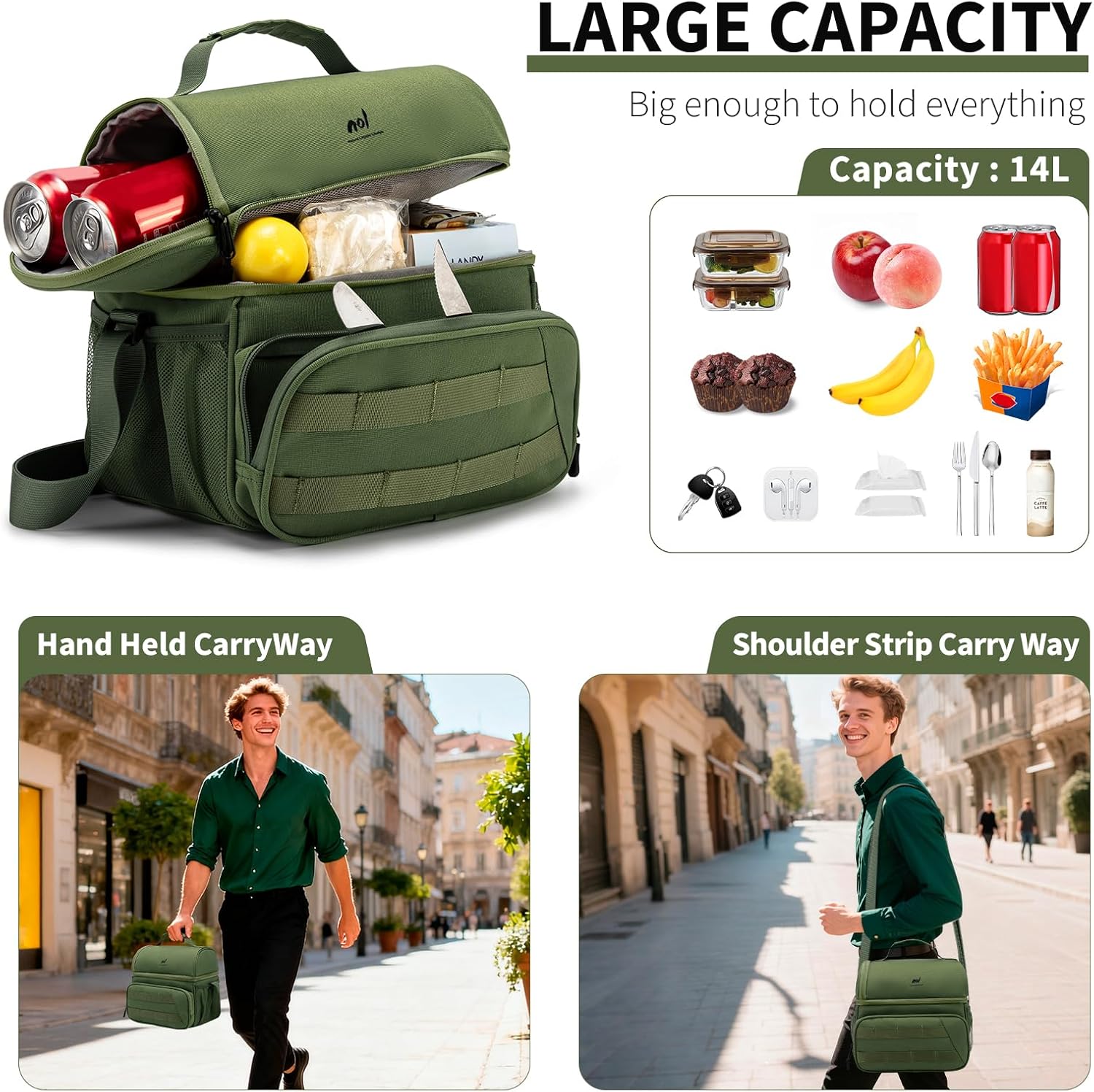 NOL Natural Organic Lifestyle Two Compartment Lunch Cooler Bag for Men - 3 Colors