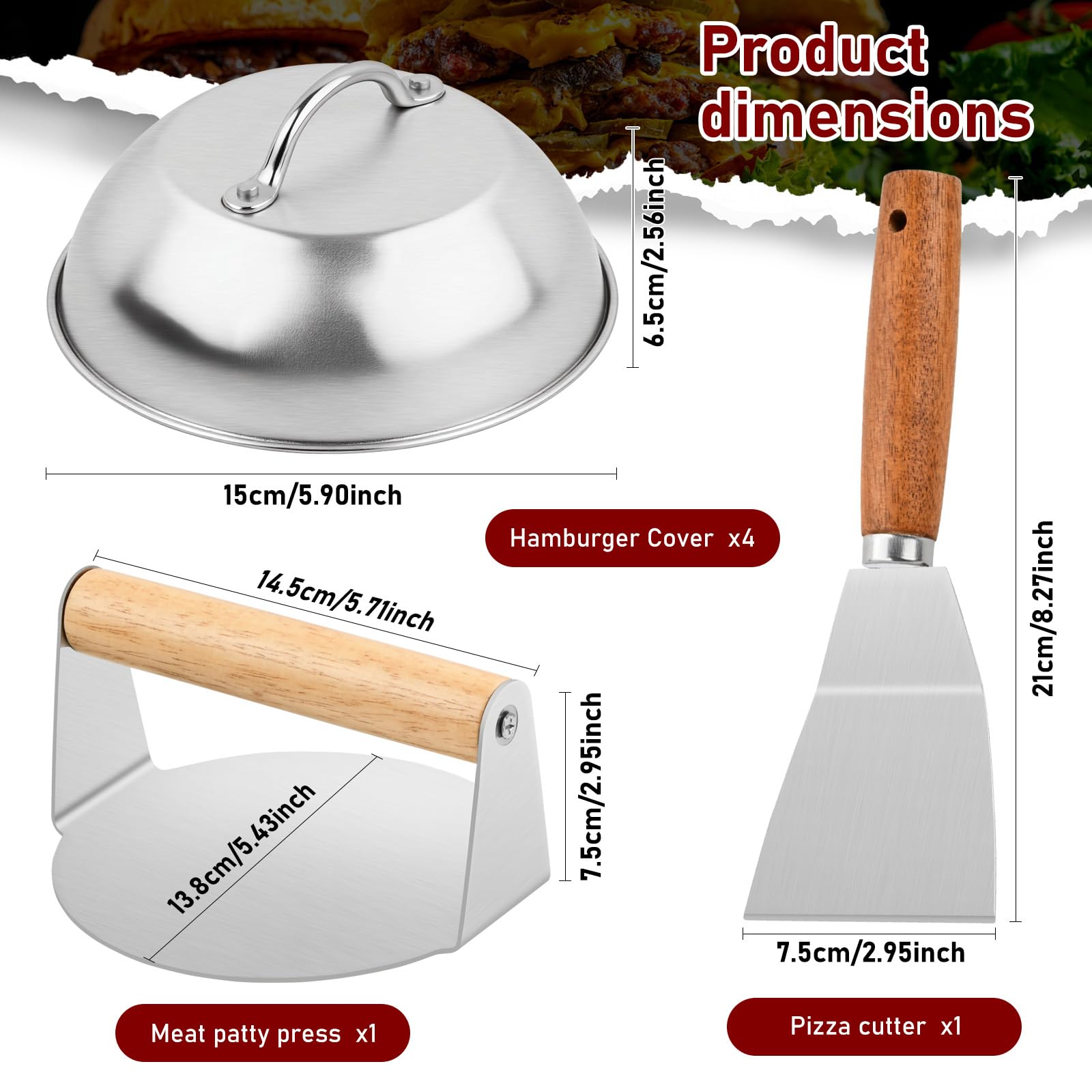 Set de 6 Pièces Smash Burger Press Kit, Acier Inoxydable, Cloche à Hamburger 15x6,5 cm, Presse à Hamburger, Spatule Plancha