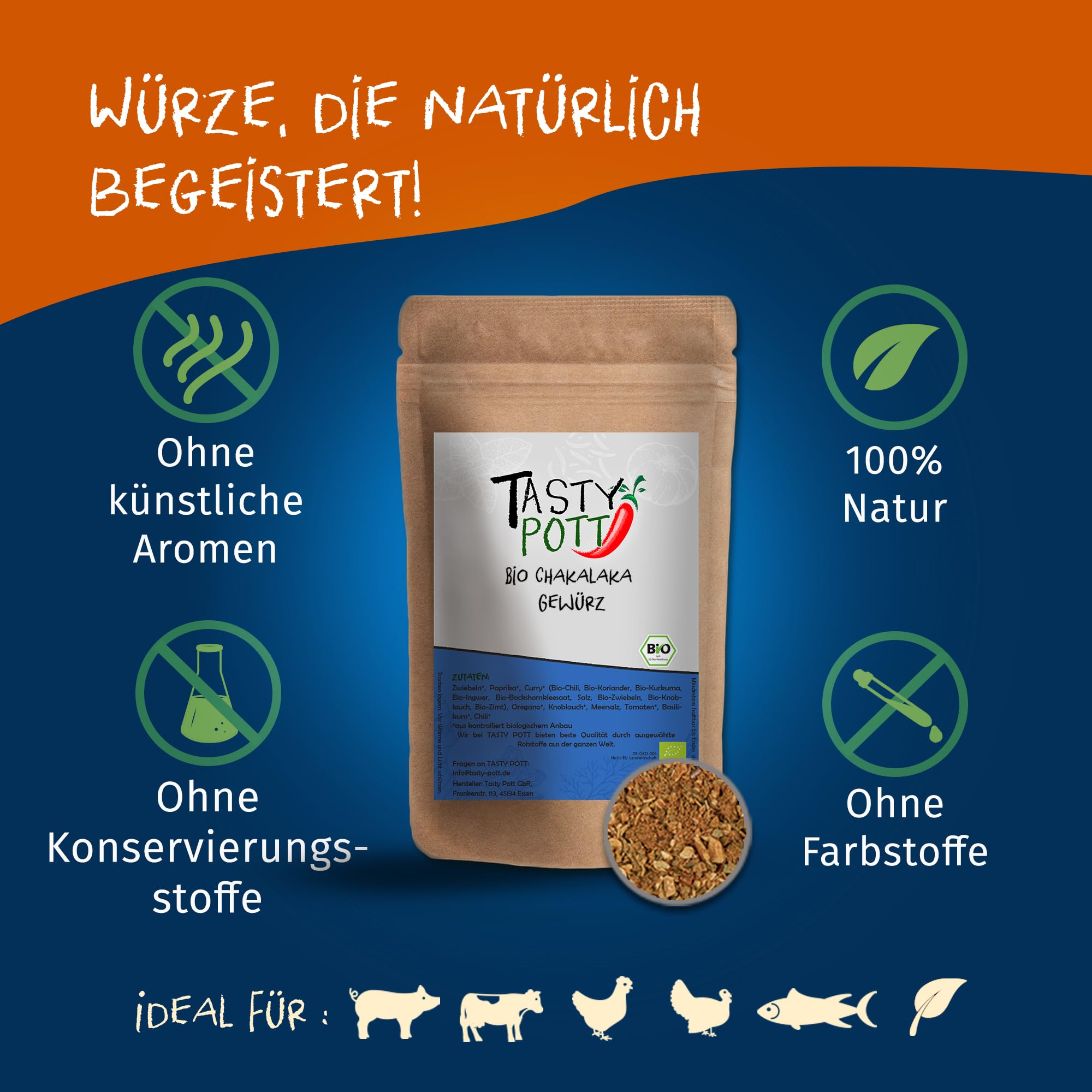 Tasty Pott Bio Chakalaka Gewürz 1000 Gramm | Würzen & Kochen | Braten & Grillen | Aromatisch Exotisch Besonders | Paprika Zwiebeln | Nachfüllbeutel Vorteilspackung | Bioqualität