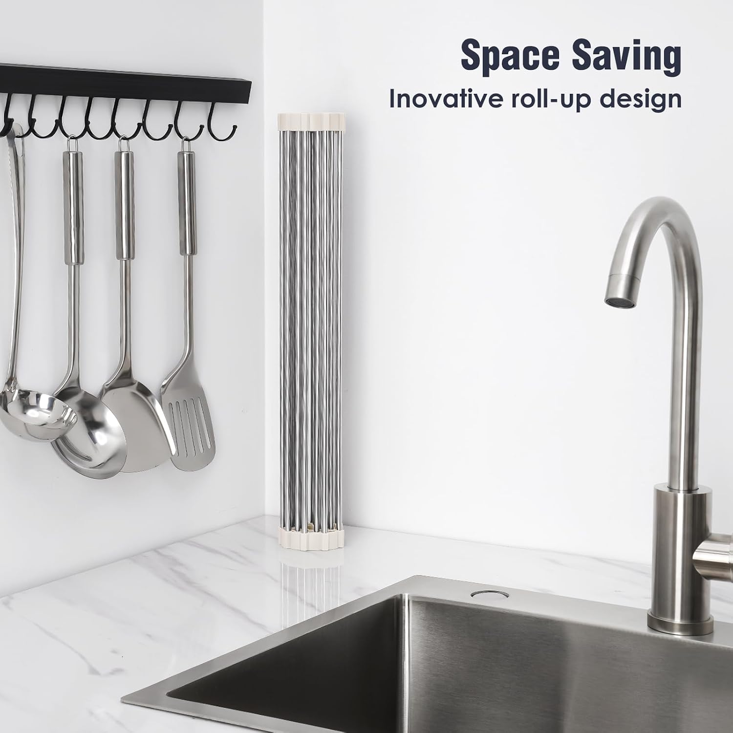 Tomorotec Roll Up Dish Drying Rack Over Sink, 304 Steel, 17.7x12.5, White image 3