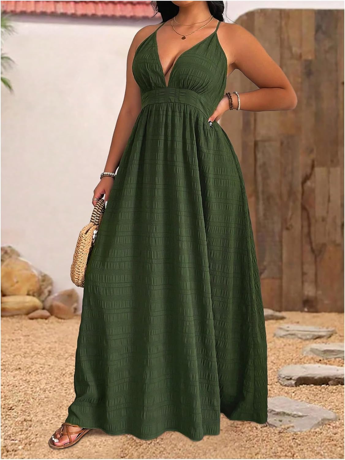 Floerns Women's Plus Size V Neck Maxi Cami Dress Criss Cross Backless Flowy Dresses - Image 2