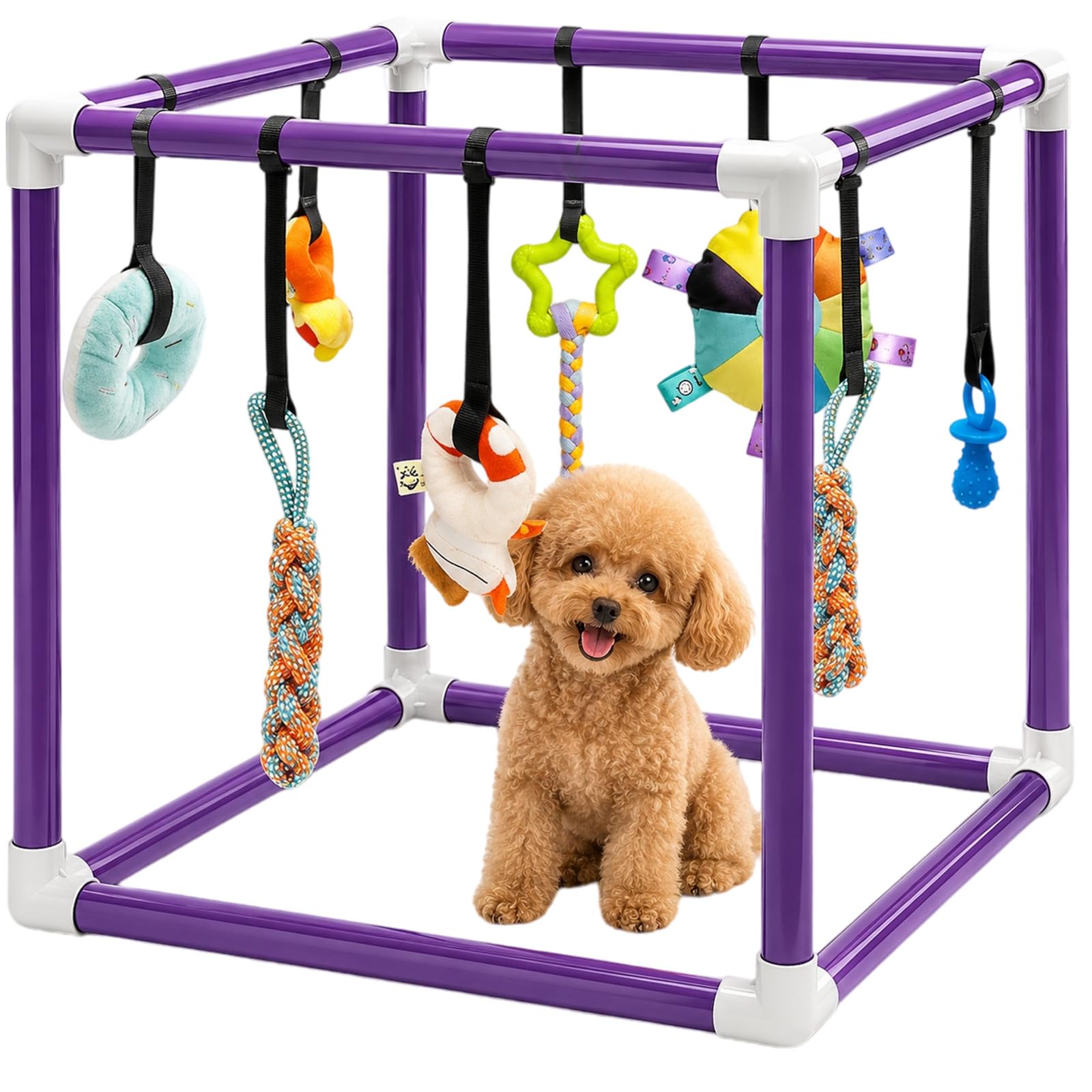 Puppy Play Gym with 8 Hanging Toys, Puppy Enrichment Activity Center, Sensory Stimulation & Teething Chew Toys, Adjustable PVC Frame, Squeaky Toys for Small Dogs, Newborn Puppies 2-10 lbs & Litter Fun
