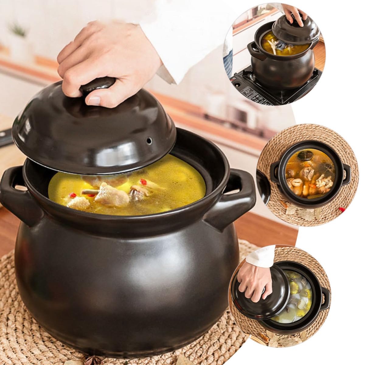 Beavorty Olla Mini de Barro Negra 1.1l Resistente al Calor para Estofado y Cocción a Fuego Abierto, Cazuela de Cerámica para Bebés y Cocina Casera