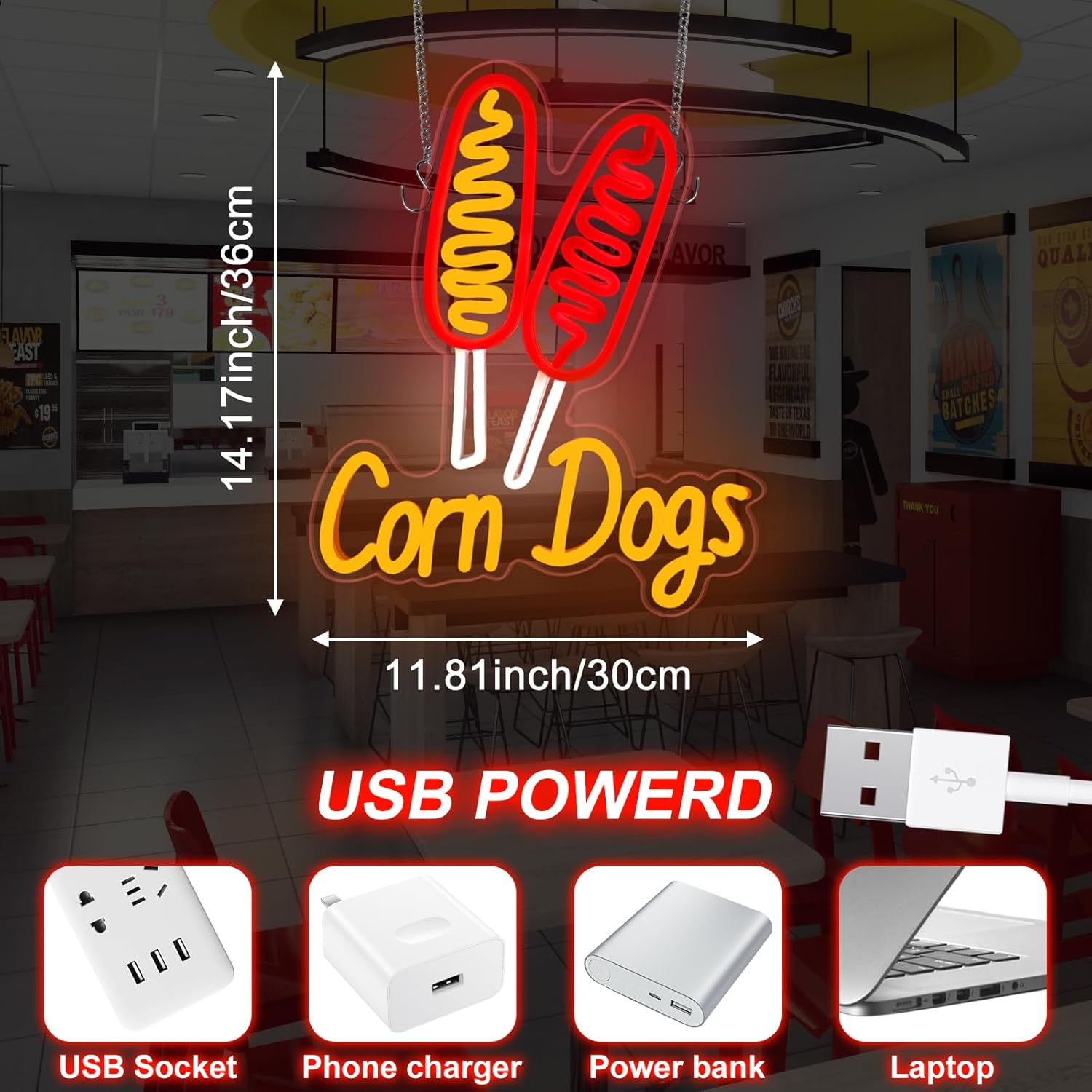 Corn Dog Neon Sign - Snack Neon Light Sign USB Powered Dimmable Suitable for Restaurant, Dining Room, Party, Wedding, Bar and Club Food Neon Sign Wall Decoration - 14.17″ × 11.81″