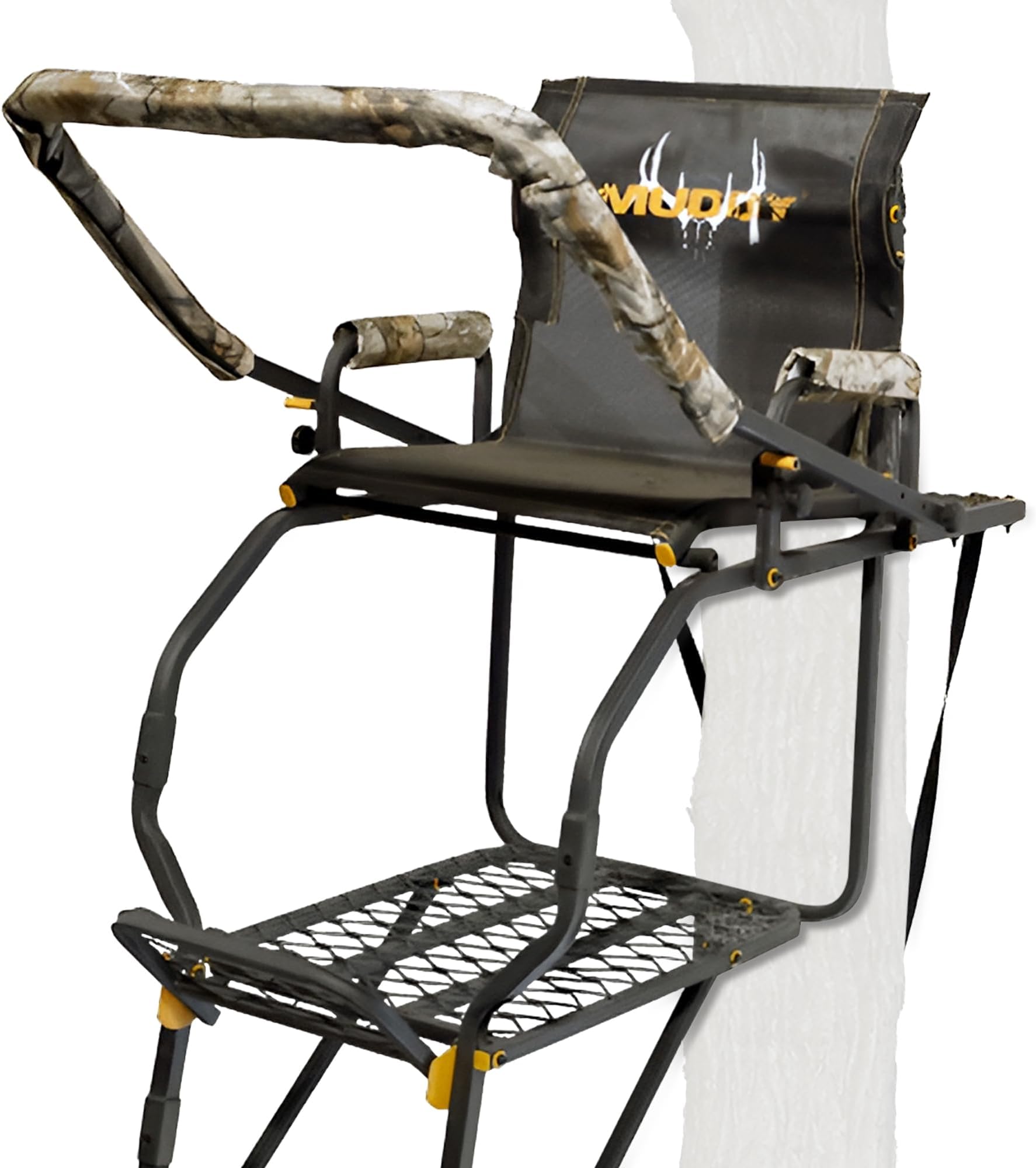 MUDDY 1-Person Huntsman Deluxe Steel Ladder Tree Stand, 17 ft Tall, 300 lb Capacity - Heavy-Duty Hunting Treestand with Lumbar Support Seat, Flip-Back Adjustable Shooting Rail & Silencer Technology