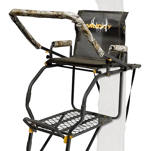 MUDDY 1-Person Huntsman Deluxe Steel Ladder Tree Stand, 17 ft Tall, 300 lb Capacity - Heavy-Duty Hunting Treestand with Lumbar Support Seat, Flip-Back Adjustable Shooting Rail & Silencer Technology