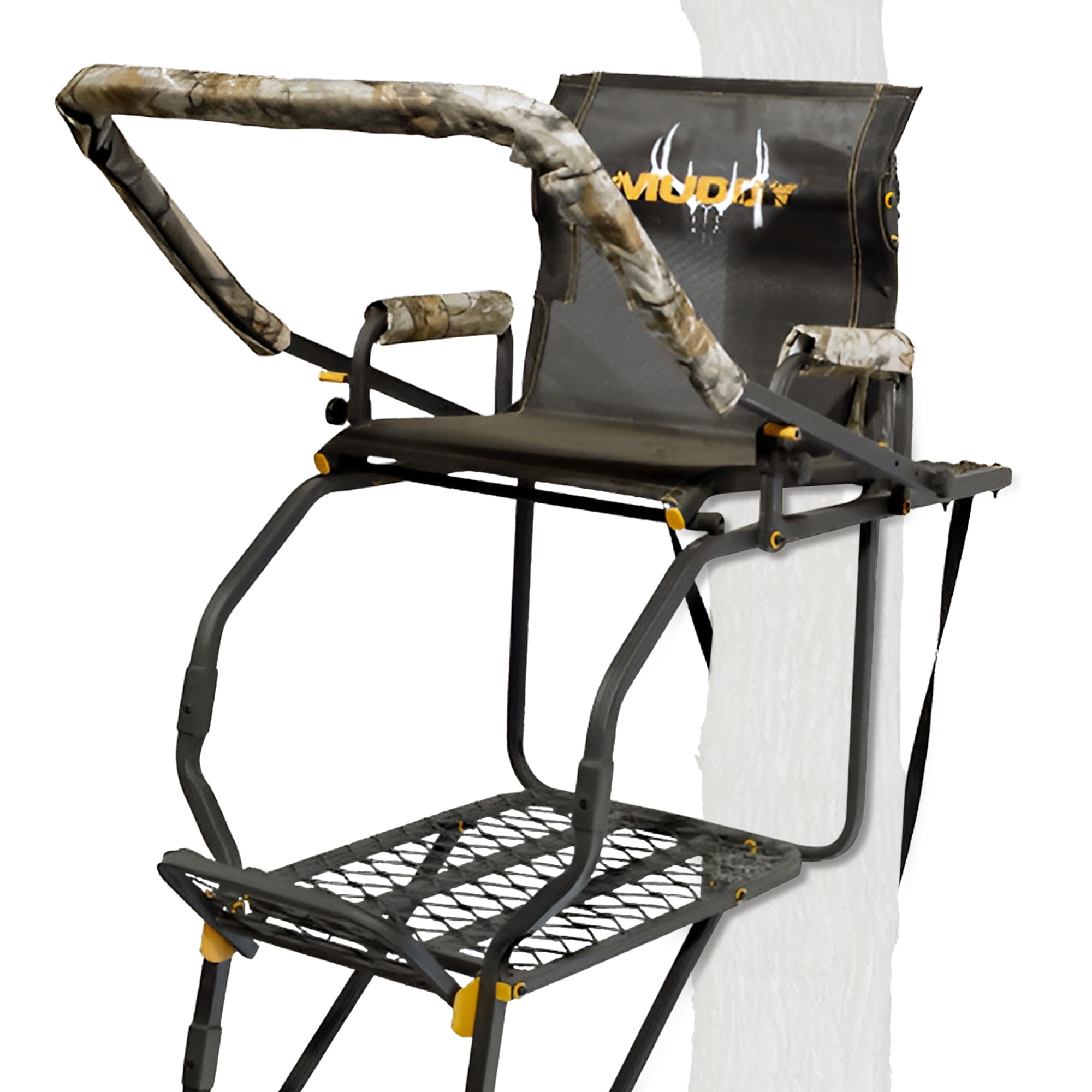 1-Person Huntsman Deluxe Steel Ladder Tree Stand, 17 ft Tall, 300 lb Capacity - Heavy-Duty Hunting Treestand with Lumbar Support Seat, Flip-Back Adjustable Shooting Rail & Silencer Technology