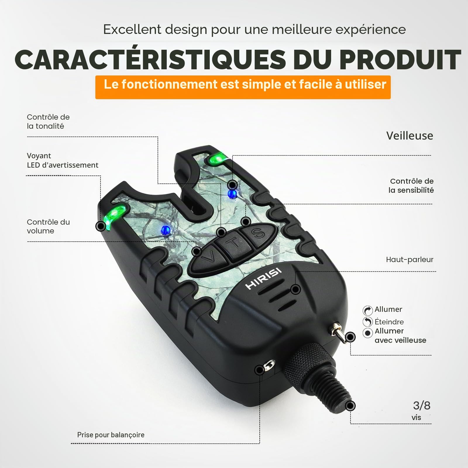 Détecteur de touche et balancier à LED 3 couleurs - Éclairage LED - Alarme de pêche à la carpe - Camouflage