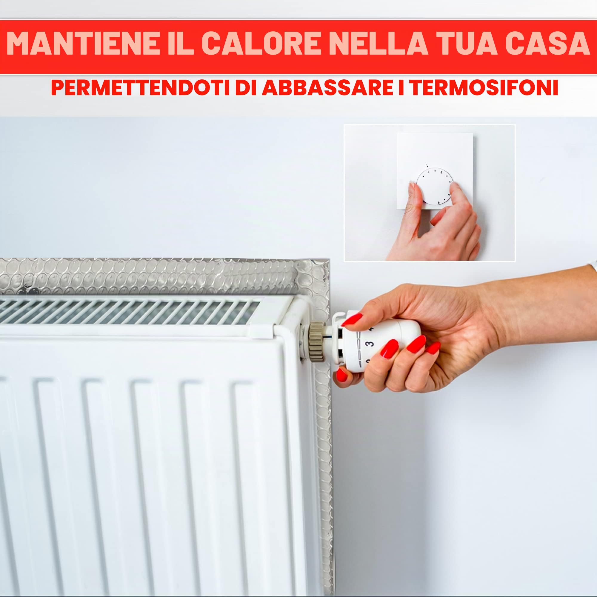 Rotolo di pellicola riflettente per radiatori, 5 m x 60 cm, pannelli e foglio isolante per termosifoni, pellicola riflettente per radiatori, isolamento termico per termosifoni, include cuscinetti