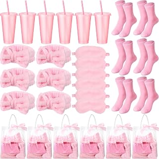 6 Sets Spa Party Favors for Girls Pink Bow Headbands Eye Masks Socks Glitter Cups Tote Bags Ribbon for Pink Sleepover Party Supplies Bridesmaid Proposal Return Gifts