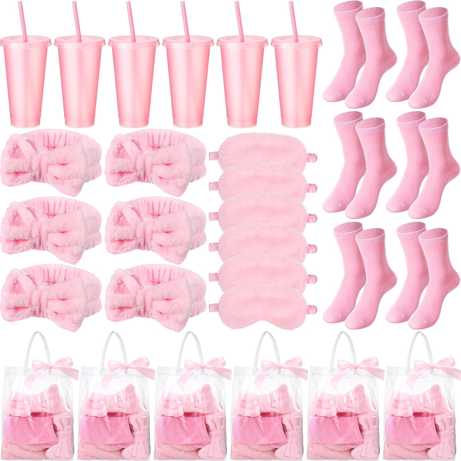 31 Pcs Spa Party Favors Sleepover Party Supplies Pink Bow Spa Headbands Eye Masks Socks Glitter Cups Gift Bag with Ribbon for Women Wedding Bridal Shower Bridesmaid Gifts Graduation Gift