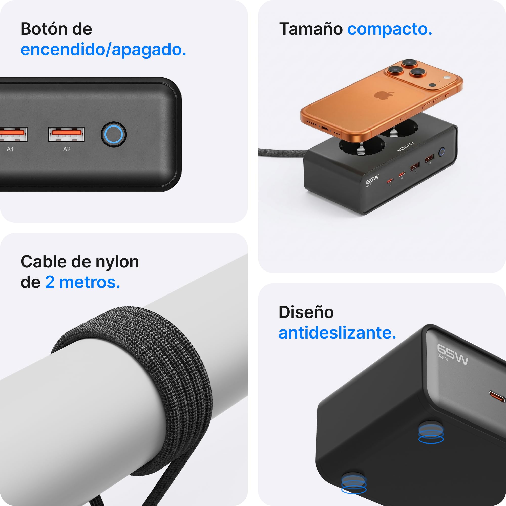 Voomy Regleta de Enchufes con Puertos USB de 65W, Protección contra Sobretensiones, Sobrecarga y Cortocircuito, Cierre de Seguridad, 2 Metros (Negro)
