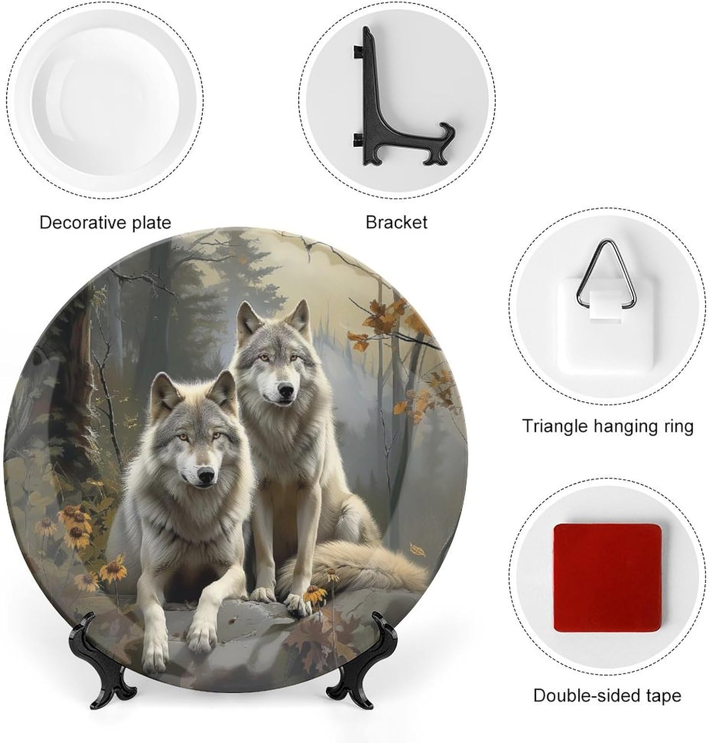 White Wolf Forest Bone China Decorative Plate Ceramic Decorative Plate for Home Office Wall Decor, with Vertical Stand Decorative Plates for Home Club