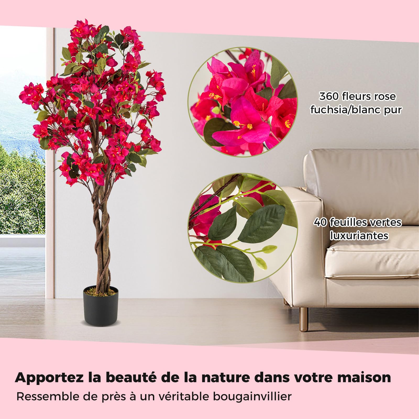 COSTWAY Plante Artificielle Bougainvillier de 120 cm, Plante Fleurie Faussée en Pot de Pépinière avec Fleurs en Pleine Floraison, Fausse Arbre Décoration du Magasin Bureau Maison (Rose 2 Pack)