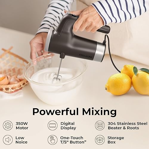 Miniatura 7 de Batidora de mano eléctrica de 9 velocidades con batidor de acero inoxidable, batidor plano y gancho para masa, estuche de almacenamiento a presión,