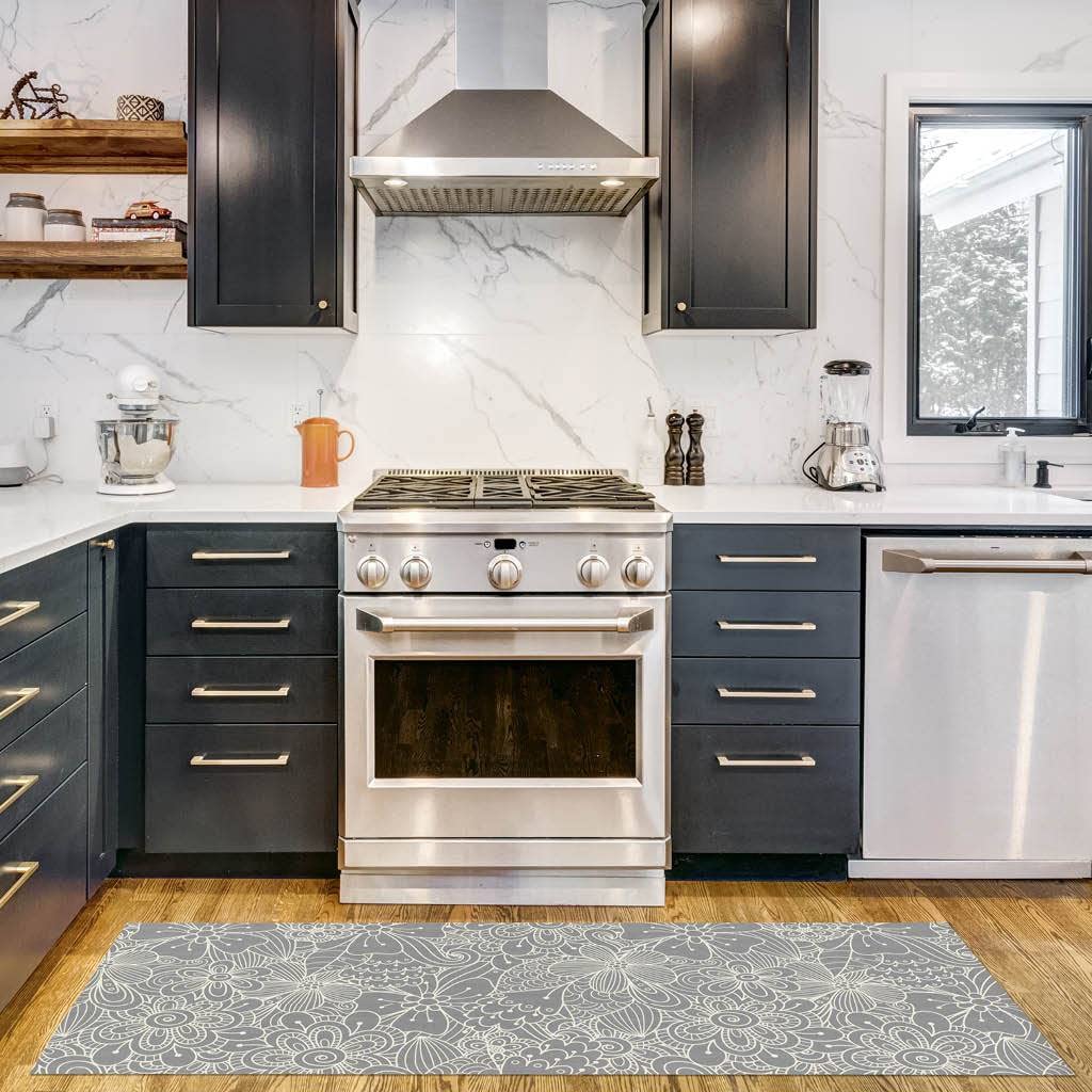 Benissimo-Multy Mats, 24” x 62” Ultra-Thin (1/10 Inch) Kitchen Mat Rubber Backing, Waterproof, Low Profile, Durable & Non Slip, Indoor Floor Mat for Entry, Patio, Busy Areas, Gray Floral Line Doodle