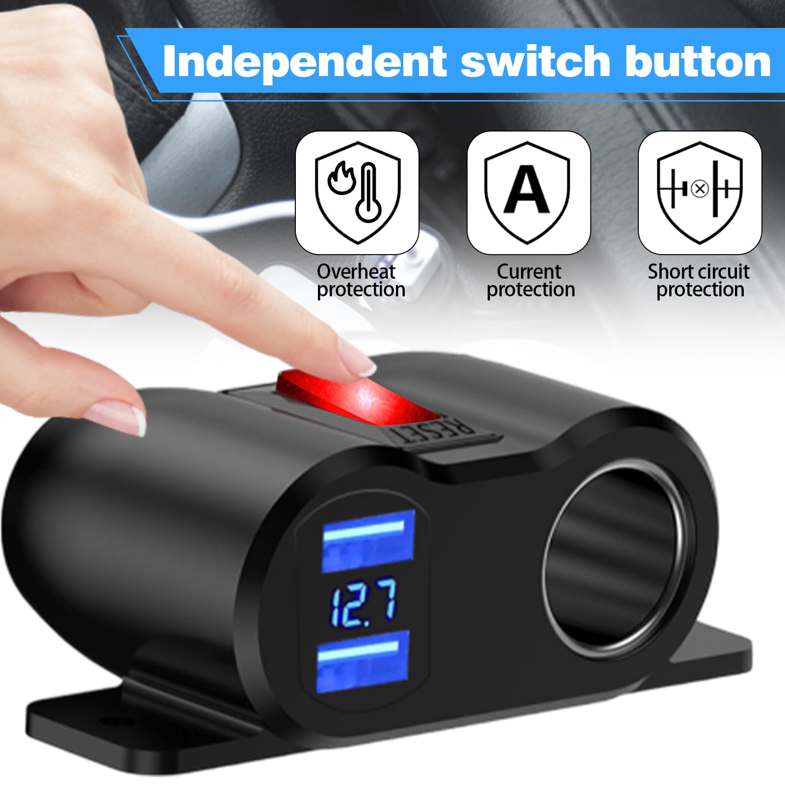 NICEWAT Presa USB A da 12 V, 36 W, QC3.0, presa accendisigari da 120 W, presa di ricarica rapida con voltmetro a LED e interruttore per auto da 12 V-24 V