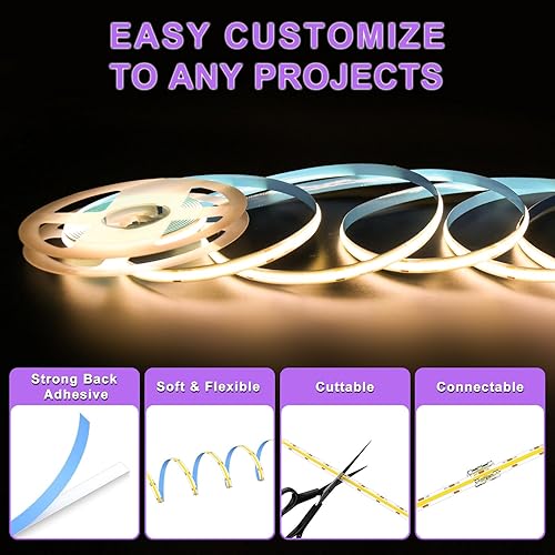 Miniatura 7 de MIWISE COB - Tira de luz LED de 32.8 pies32.8 ft, CRI 90+ blanco cálido 2700 K, alto lúmenes, regulable, súper brillante, flexible, DC24V, cinta de