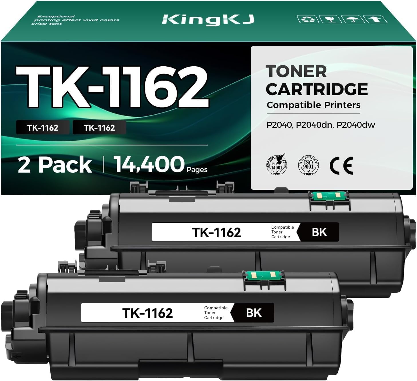 TK-1162 TK1162 Toner Cartridge 2-Pack High Yield With Chip Replacement for Kyocera TK-1162 1T02RY0US0 Compatible with ECOSYS P2040 P2040dn P2040dw Laser Printers Toner Kit, 7,200 Pages Monochrome Ink