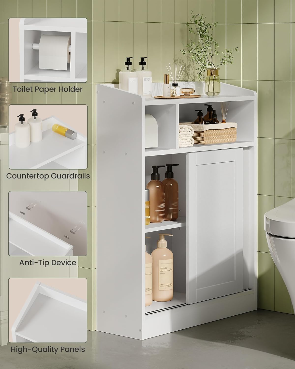 Slim Bathroom Storage Cabinet, Bathroom Floor Cabinet, Storage Organizer with Toilet Paper Holder, Sliding Doors and Adjustable Shelf, for Small Spaces, Bathroom, Living Room, Kitchen, White