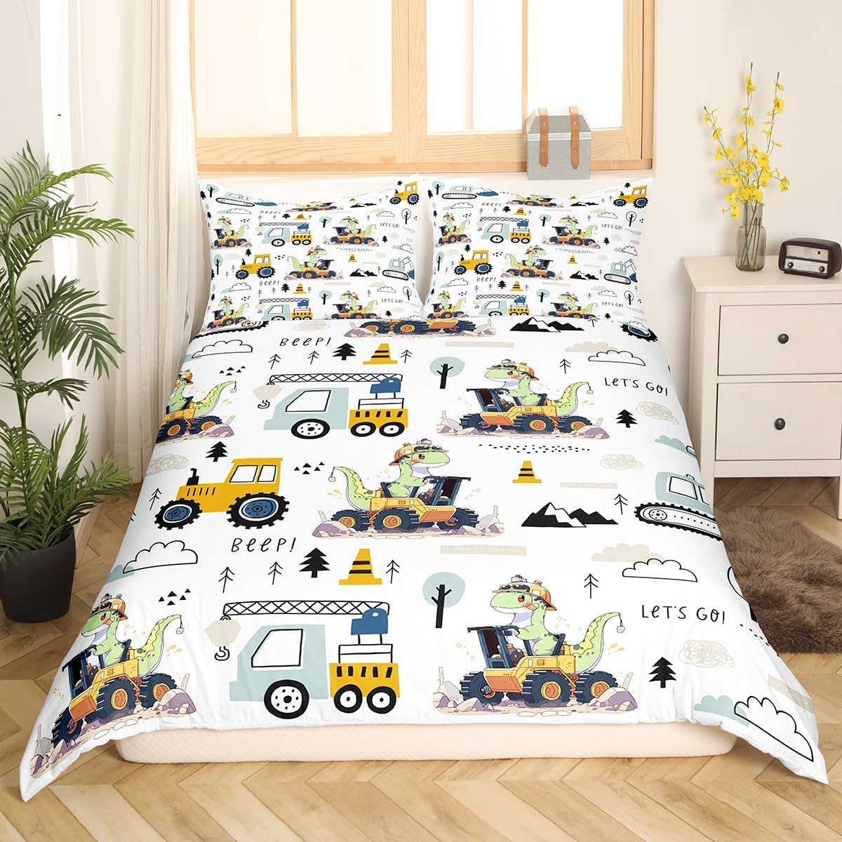 Dinosaur Duvet Cover,Cartoon Yellow Excavator Truck Toddler Bedding Set for Boys Girls Kids Bedroom Decor,Watercolor Equipment Trucks Cute Dino All Season Comforter Cover (No Comforter) Twin Size