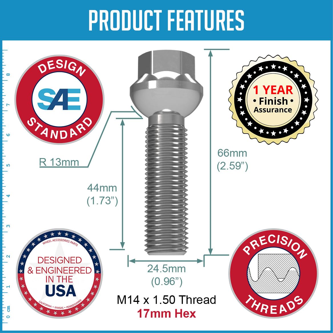 Wheel Accessories Parts 20 Pcs M14 x 1.5 Thread Ball Seat OEM Style Lug Bolt Chrome Finish 44mm Shank Length 17mm Hex fits Mercedes-Benz AMG, E, EQS, G, GLC, and GLE-Class