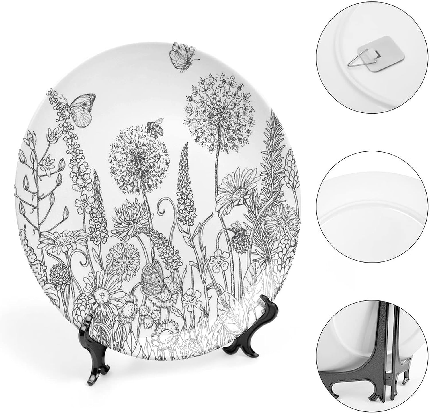 8 Inch Decorative Plate, Floral Tableware Plate, Hand Drawn Garden Various Flowers Leaves Grass Print Ornament Display Plate for Dining Table Setting, Wedding Decorations, Christmas Tablescape