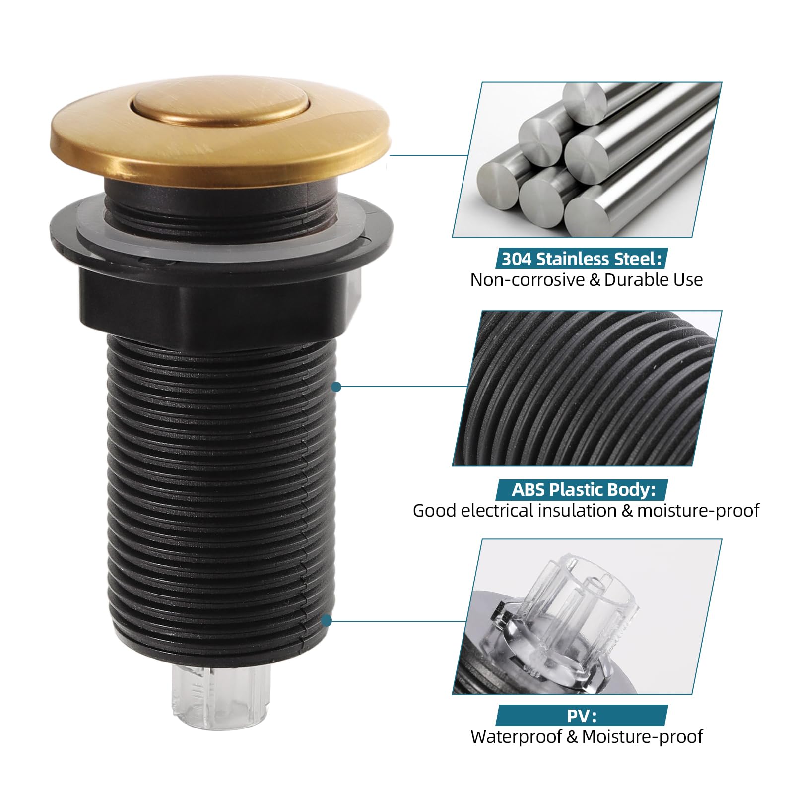 RQYEKDO Interruptor de aire de 6.35 cm para triturador de basura, parte superior larga de acero inoxidable cepillado níquel largo para eliminación de alimentos y residuos, botón de aire de