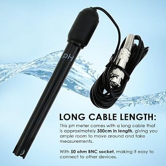 0-14 pH Electrode Probe, pH Meter with Replacement BNC Connector and 300cm Cable Sensor for ph Monitor Controller Tester Meter Kit Set for Aquarium Hydroponics Plant Pool Spa