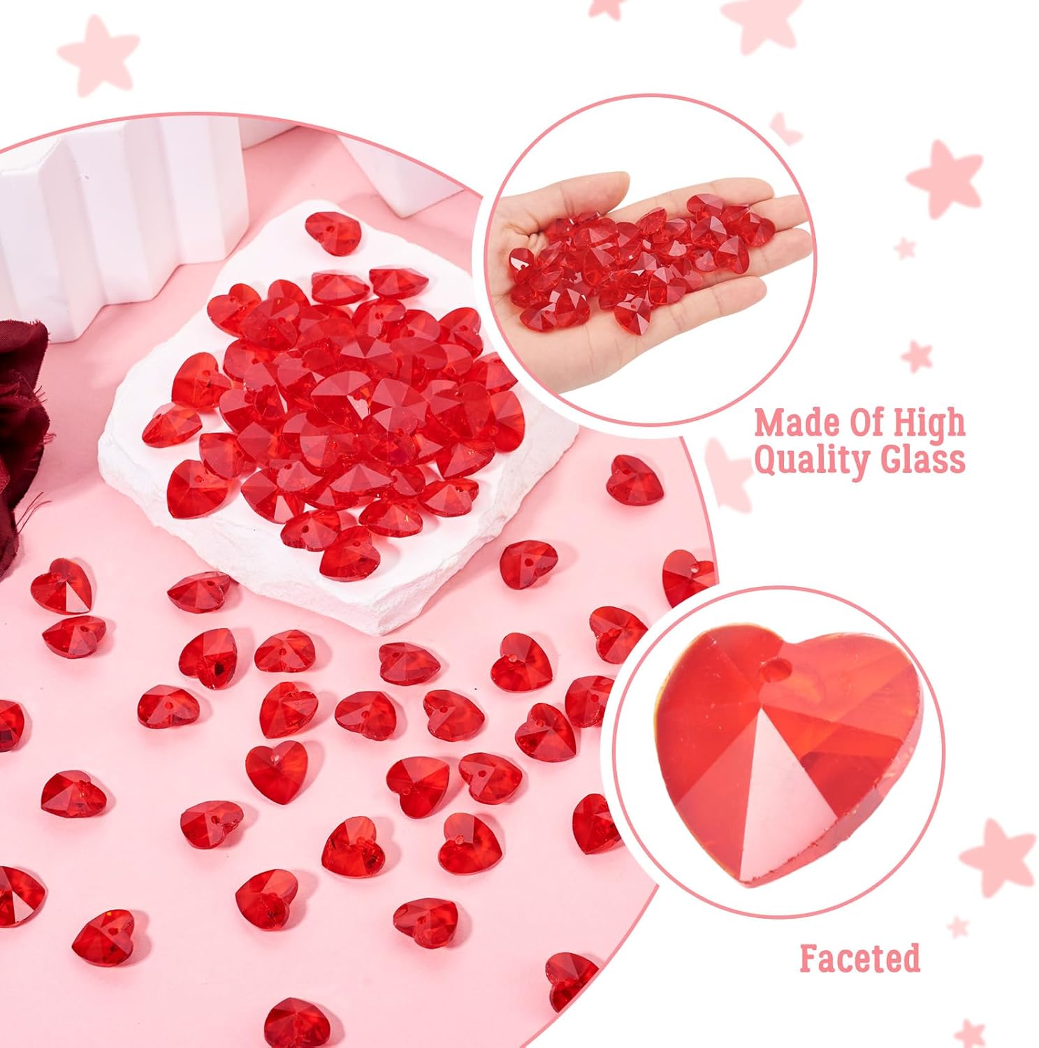 Pandahall 200Pcs Red Faceted Heart Glass Pendants Charms 14x14x8mm Sweet Heat Beads for Necklace Bracelet Jewelry Making