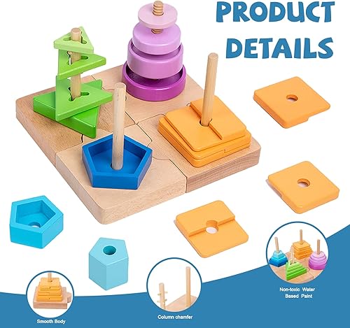 Miniatura 4 de Adena Montessori Juguete de clasificación de color 4 en 1 para niños pequeños, juguete de clasificación de madera con bases desmontables, juguete