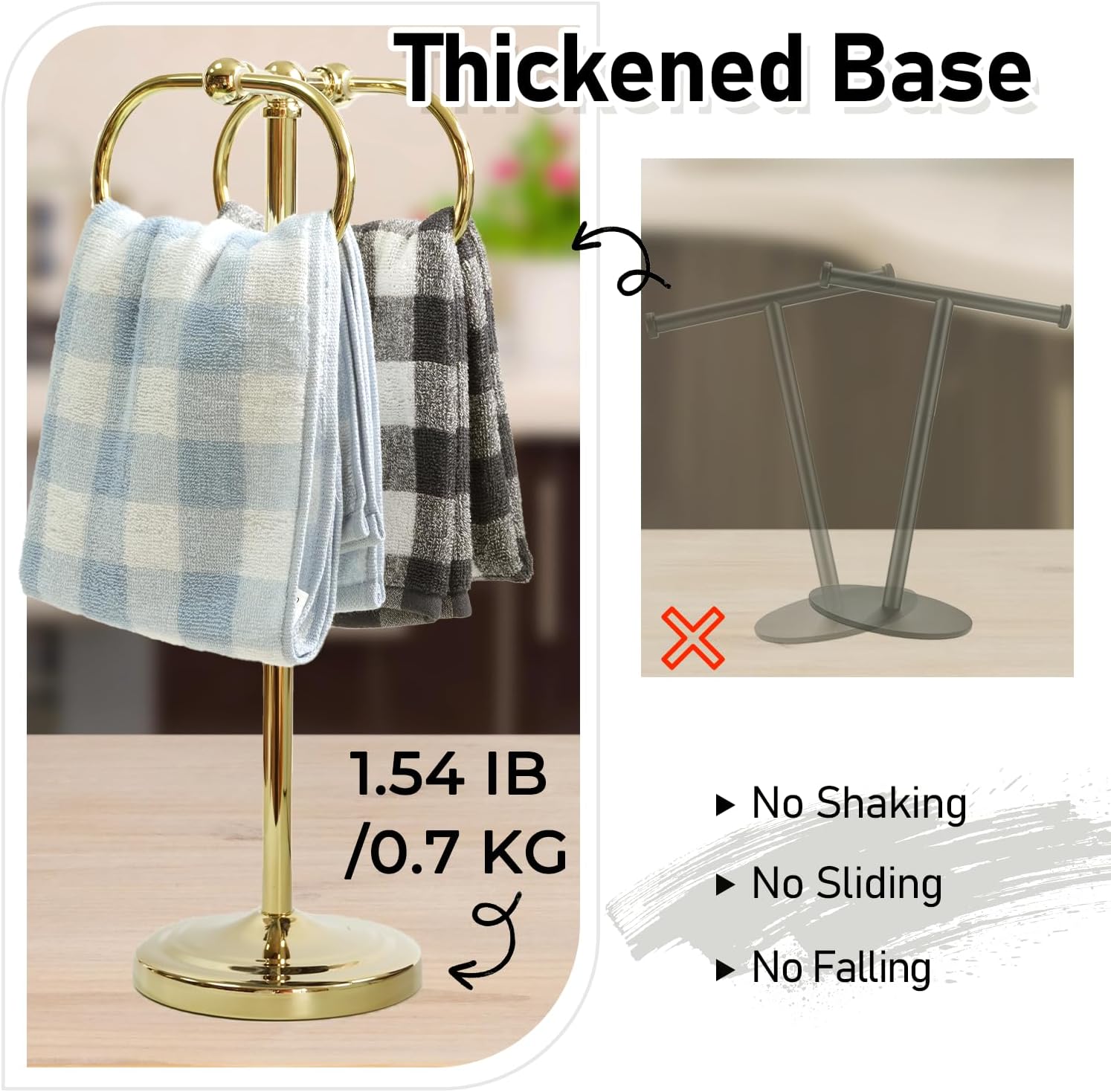 17''(44cm) Free Standing Towel Ring Holder Stainless Steel Bathroom Towel Rack with Double Ring Holder Floor Hand Towel Holder Storage for Bathroom Kitchen Vanity Countertops (Shine Gold)
