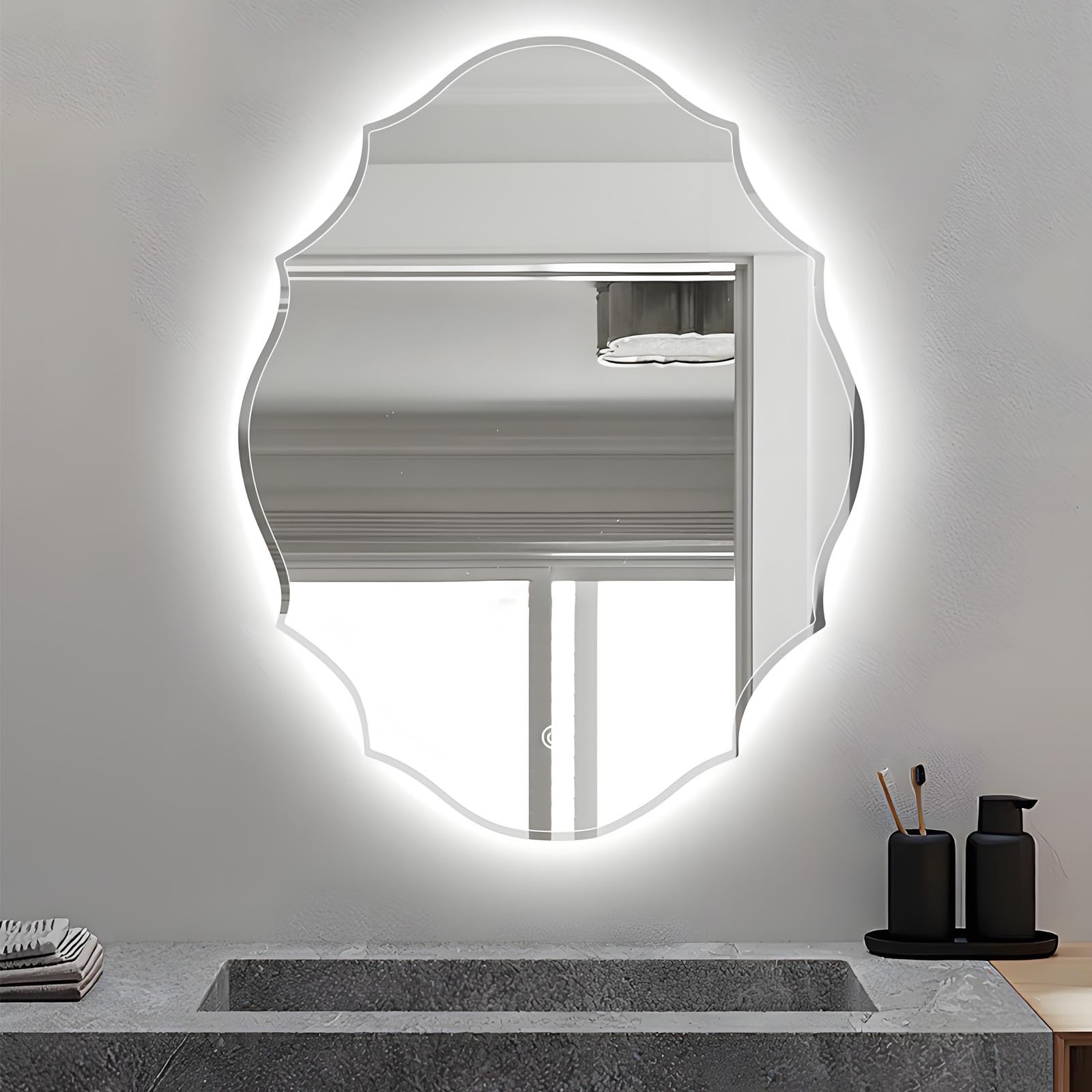 Miroir mural biseauté LED anti-ombre pour lavabo et espace maquillage