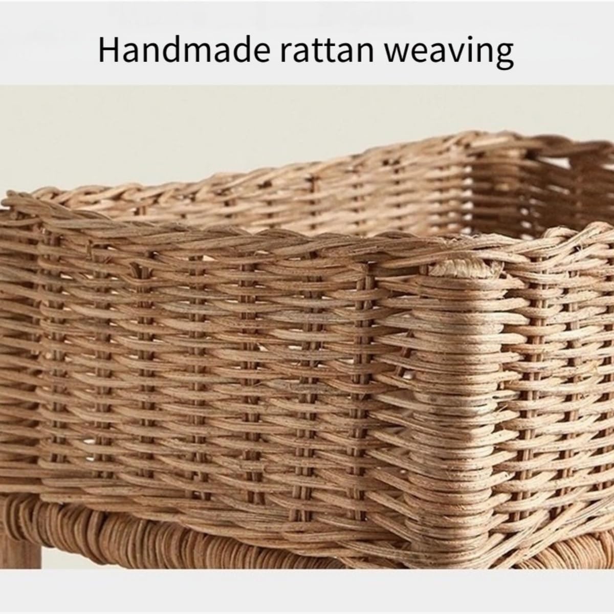 3-Tier Rattan Storage Rack, Vertical Handwoven Wooden Organizer with Tiered Baskets, Standing Wicker Shelving for Living Room, Bedroom & Kitchen