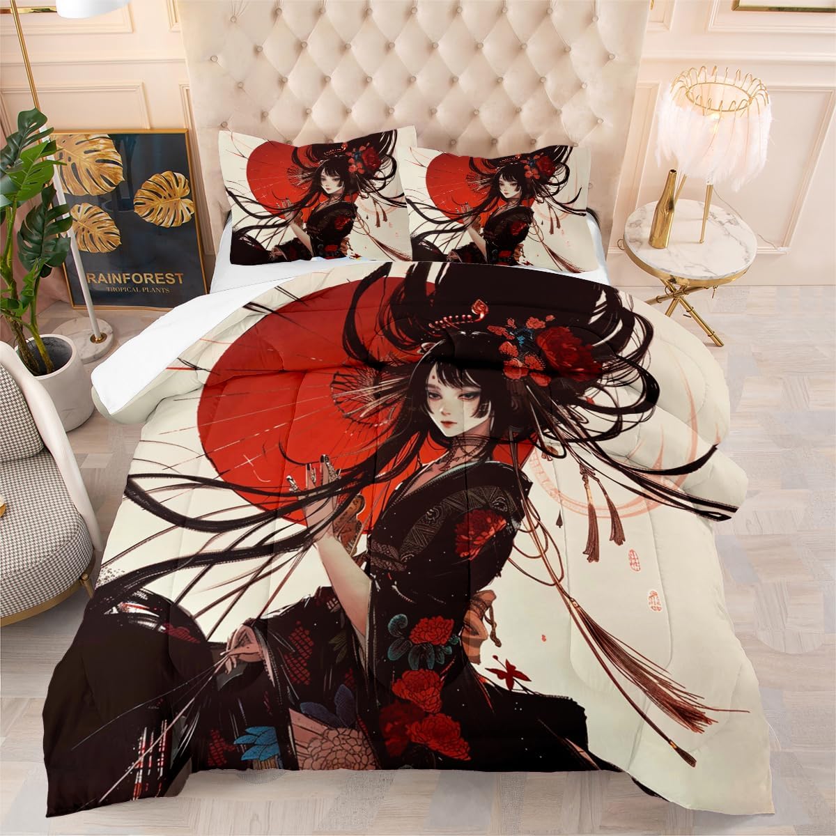 Japanese Style Full Comforter Set - Vintage Black Red Bedding With Kimono Down Comforter, Maiko Quilt - 3 Pcs Soft Microfiber Decorative Bed Set