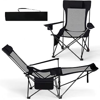 GOPLUS Silla Camping Ligera, 150 kg, Sillas Playa Reclinable de 4 Posisiones con Reposapiés Extraíble y Ajustable, Portavasos, Malla Transpirable y Bolsa de Transporte, Chair de Paseo para Jardín