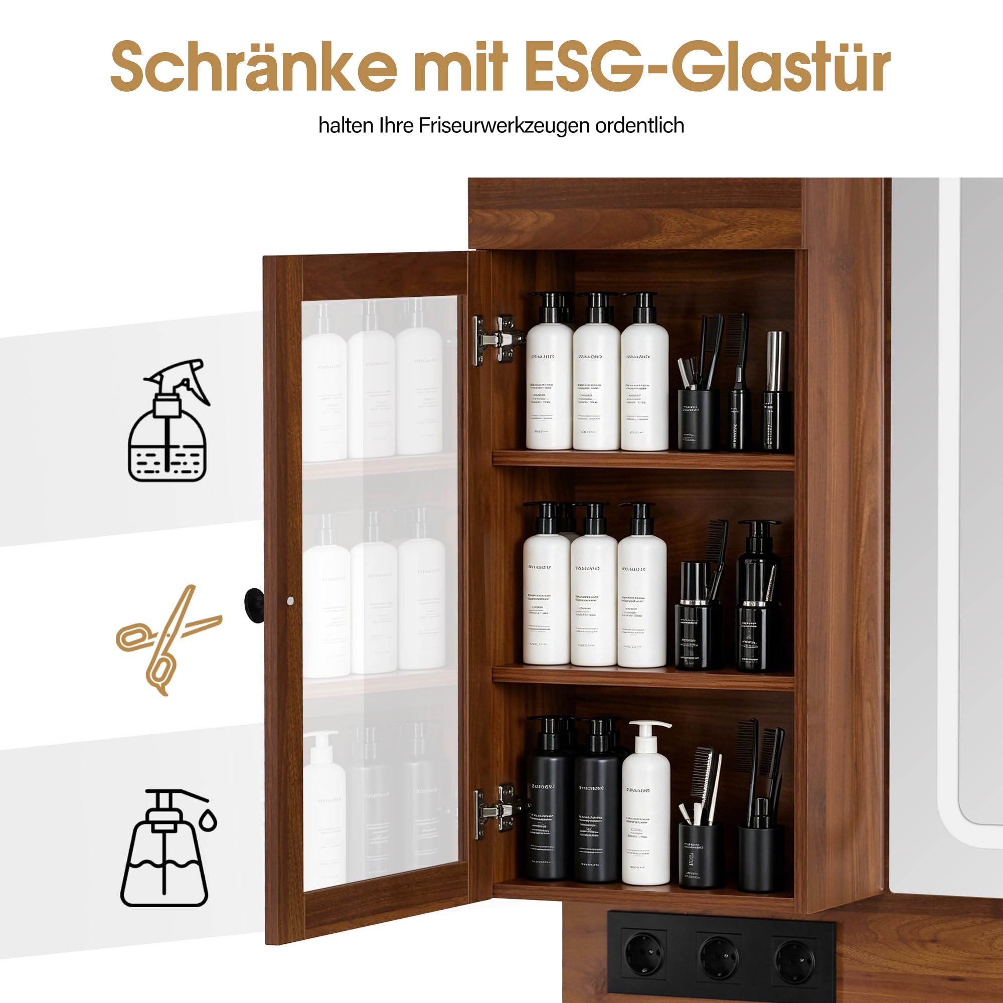 Barberpub Friseurplatz mit 4 Schubladen, Schminktisch mit Spiegel, Bedienungsplatz mit 6 Ablagen & 2 Schränken, Spiegelschrank mit Beleuchtung, Spiegeltisch, Friseureinrichtung, J3140 (Braun)