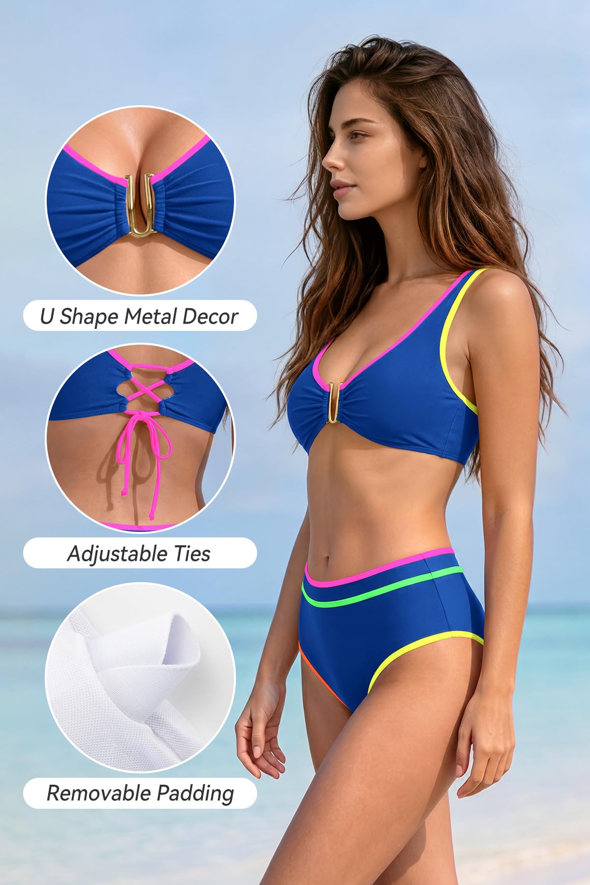 SHEKINI Traje de Baño Mujer 2 Piezas Escote V Bikini Mujer Set Bañador Mujer Cintura Alta