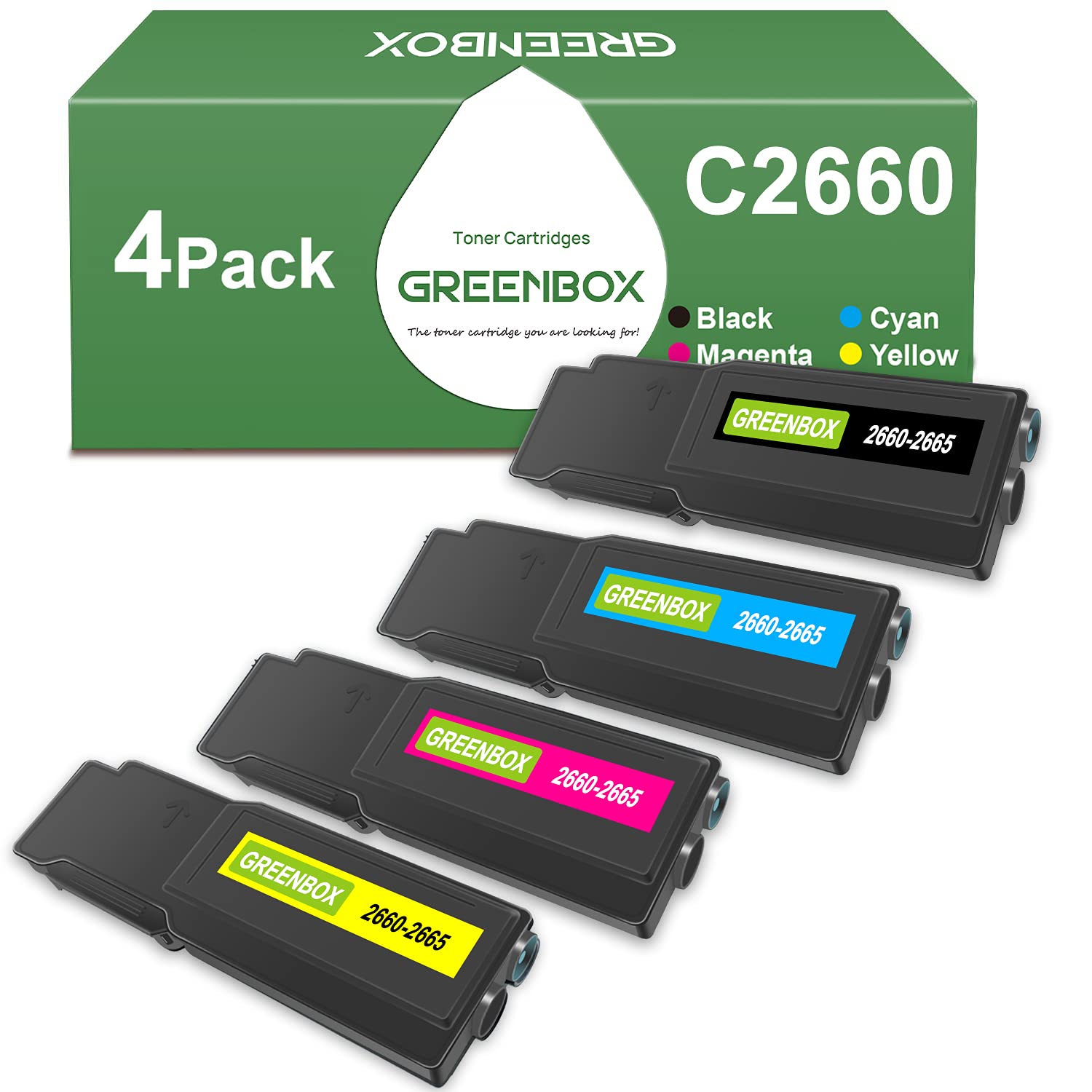 GREENBOX Remanufactured C2660 High-Yield Toner Cartridge Replacement for Dell C2660 593-BBBU 593-BBBT 593-BBBS 593-BBBR for C2660 C2660dn C2665dnf Printer (1 Black, 1 Cyan, 1 Magenta, 1 Yellow)