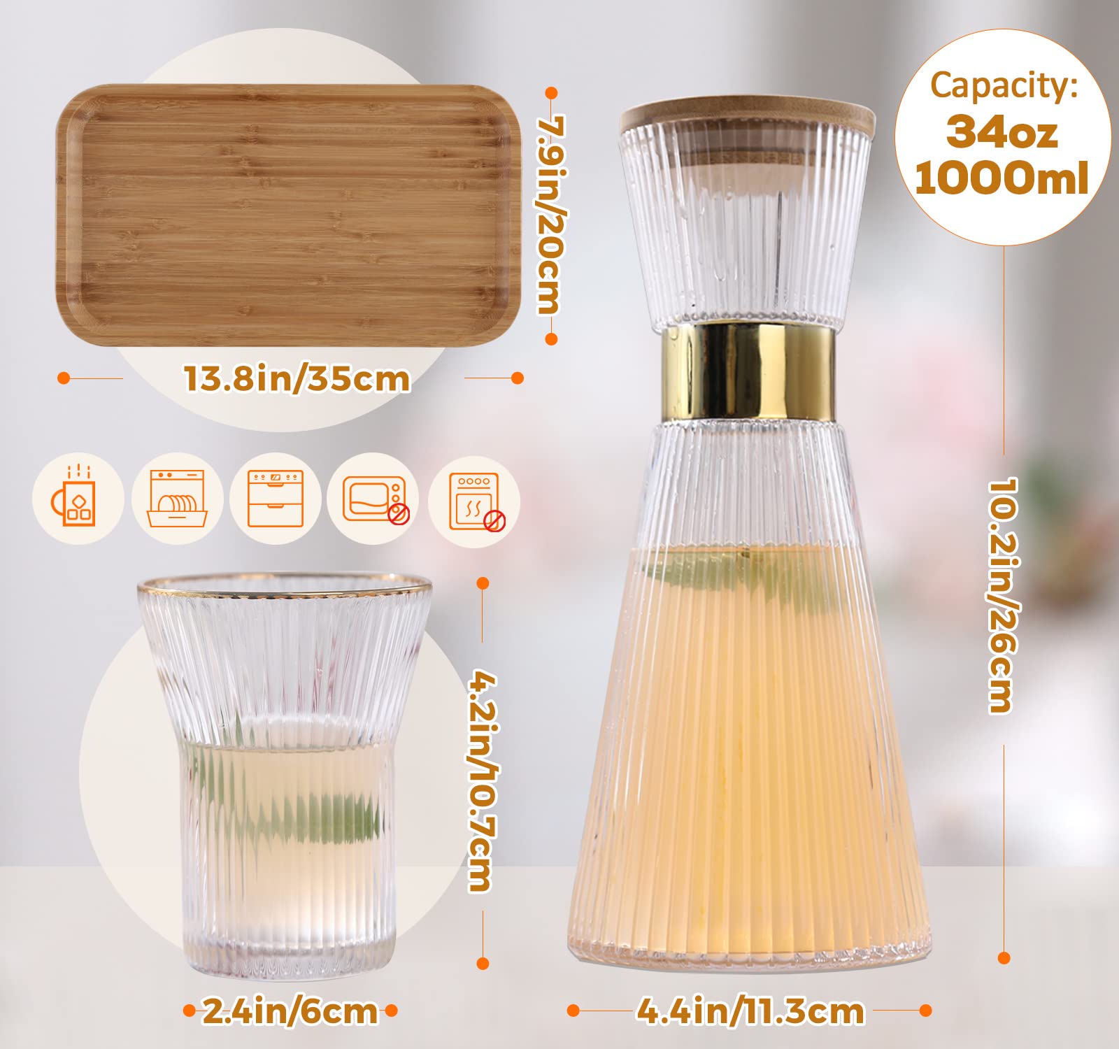 DUJUST Juego de jarra de cristal, elegante jarra de agua con decoración dorada, 1 jarra con tapa (1L), 4 tazas y 1 bandeja, fondo grueso, silicona de grado alimenticio,prueba de fugas