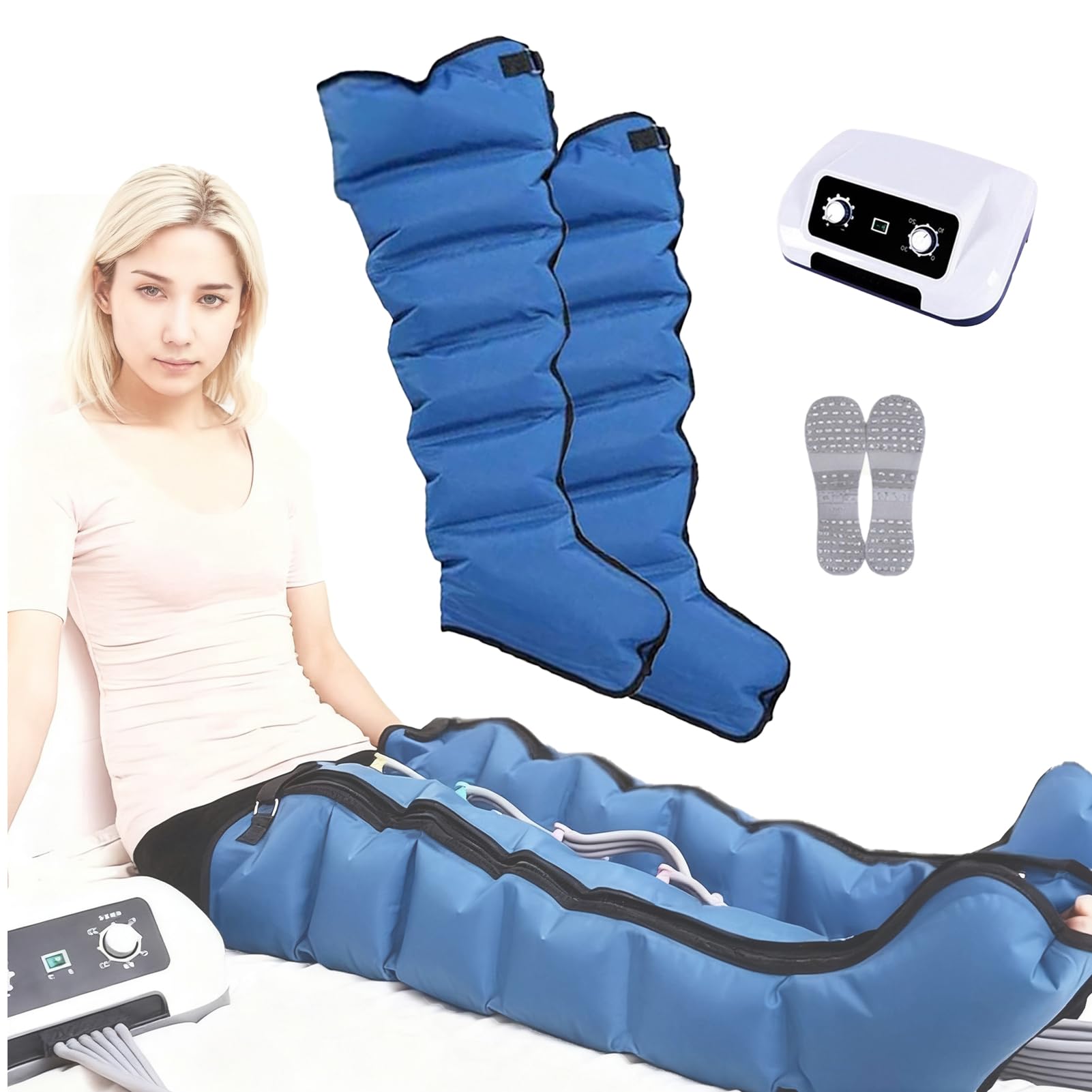 Presoterapia Profesional para Casa,Botas Presoterapia para Casa Piernas Y Abdomen con 6 Cavidades, Favorece & Mejor Circulación Drenaje Linfatico Pierna(Azul)