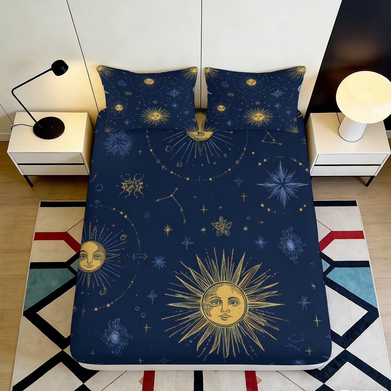 3D Printed Galaxy Starry Sky Fitted Sheet Microfiber Deep Blue Cosmic Nebula Mattress Cover Anti-Slip Easy Care for Bedroom Dorm 200x200x25cm