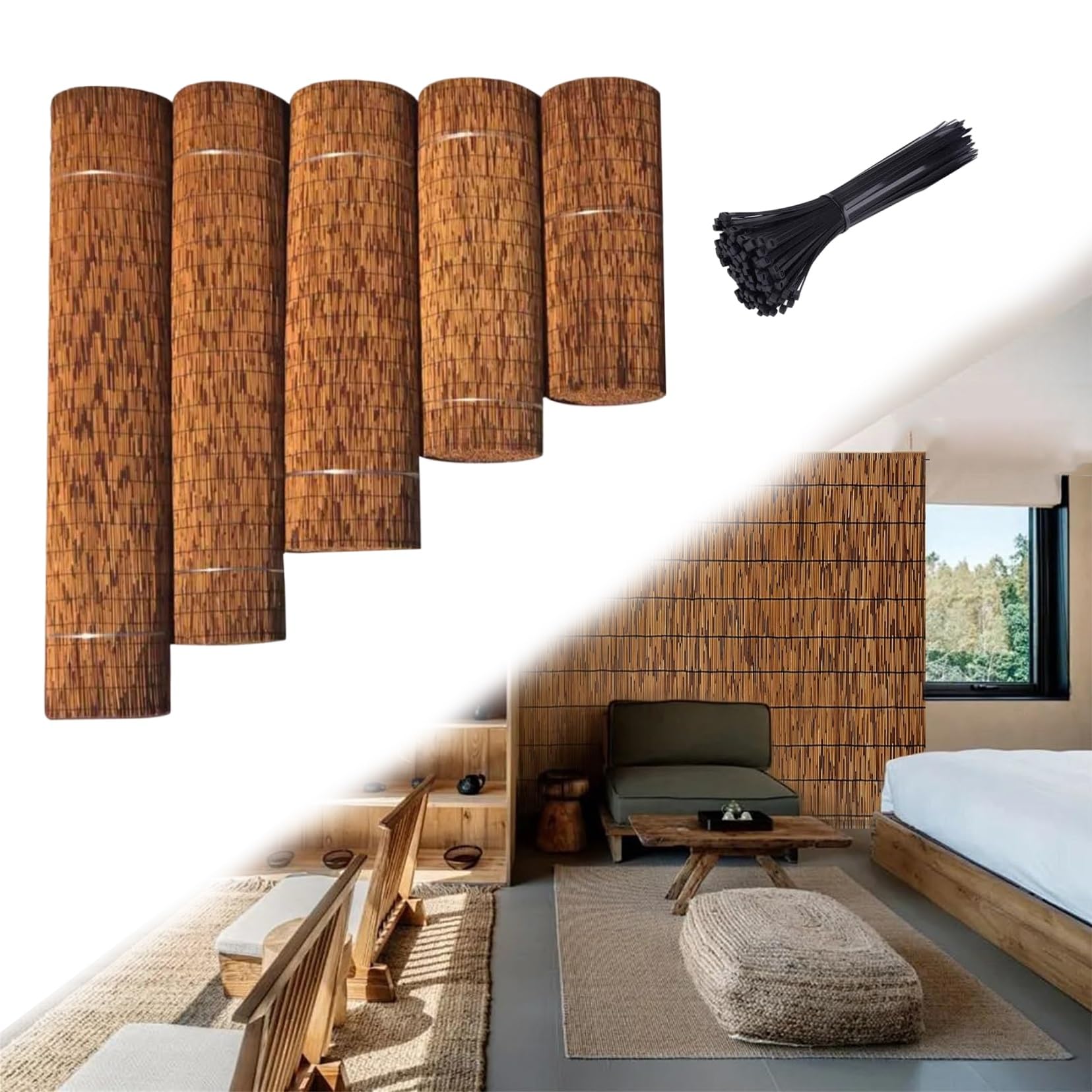Rotolo di recinzione in bambù naturale, recinzione decorativa per giardino, patio, balcone, posto auto coperto e pergola, 100 x 500 cm