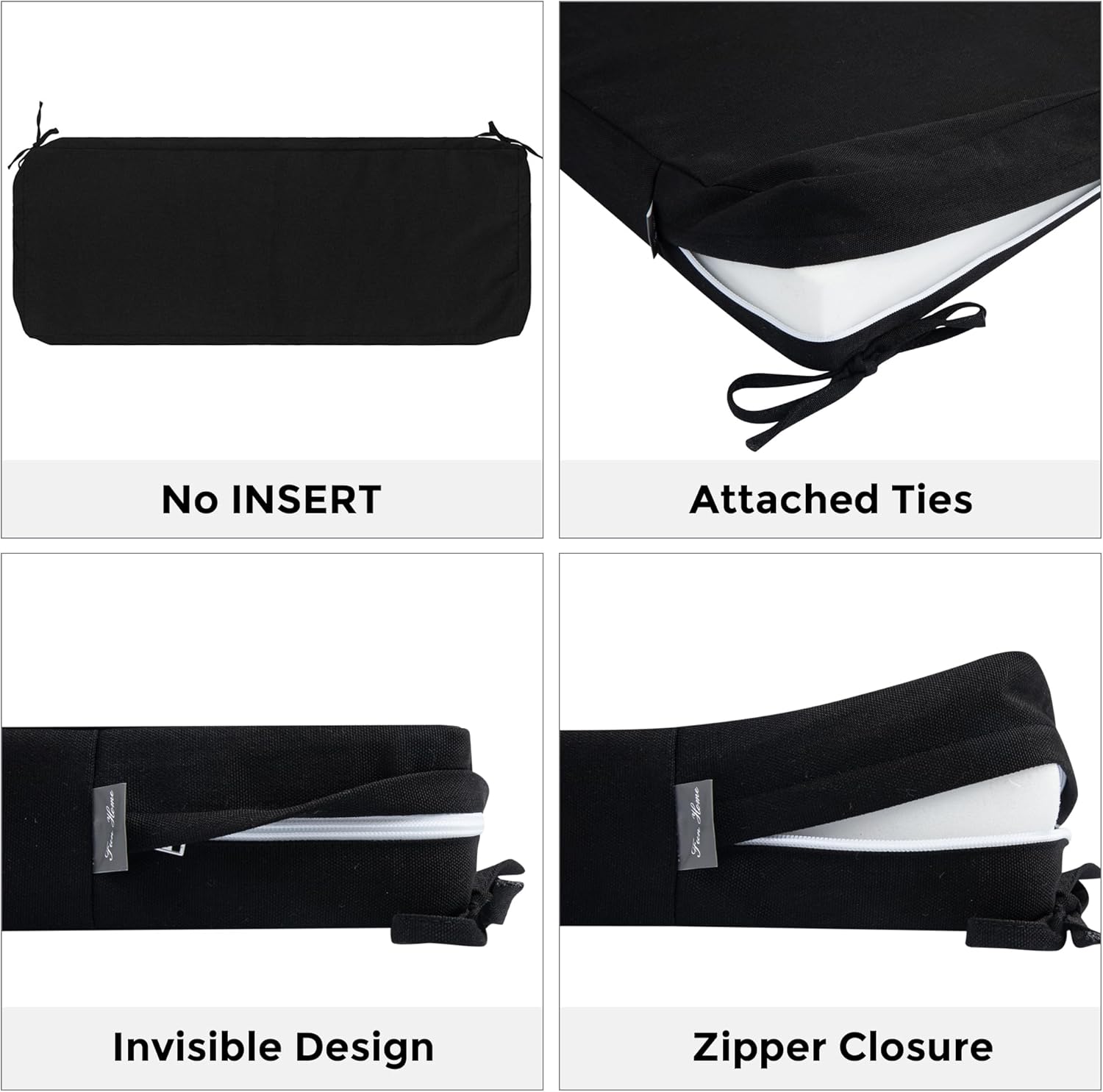 FUNHOME Outdoor Bench Cushion Cover 48 x18 x 3 inch,Water Resistant Cover with Zipper&Ties,Fade-Resistant Slipcover,Patio Porch Swing Cushion Cover Replacement Only,No Insert(Black)